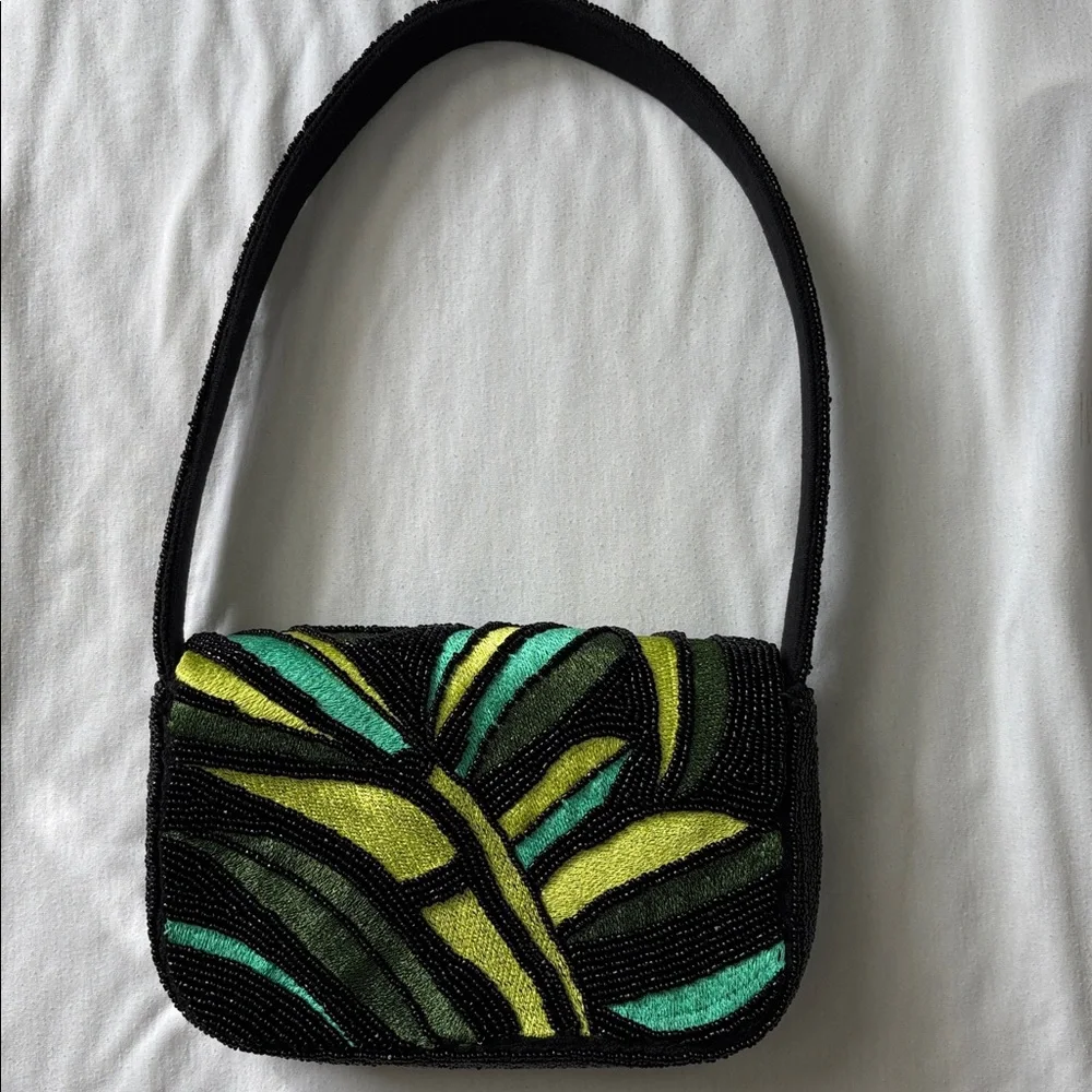 Beaded Black Green Multicolor Shoulder Bag Purse - Picture 3 of 4